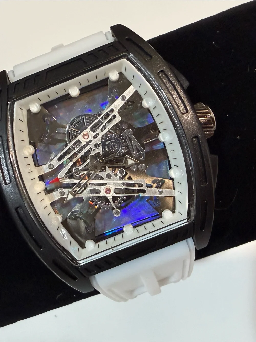 Black & White Skeleton Dial Sports Watch - White Strap